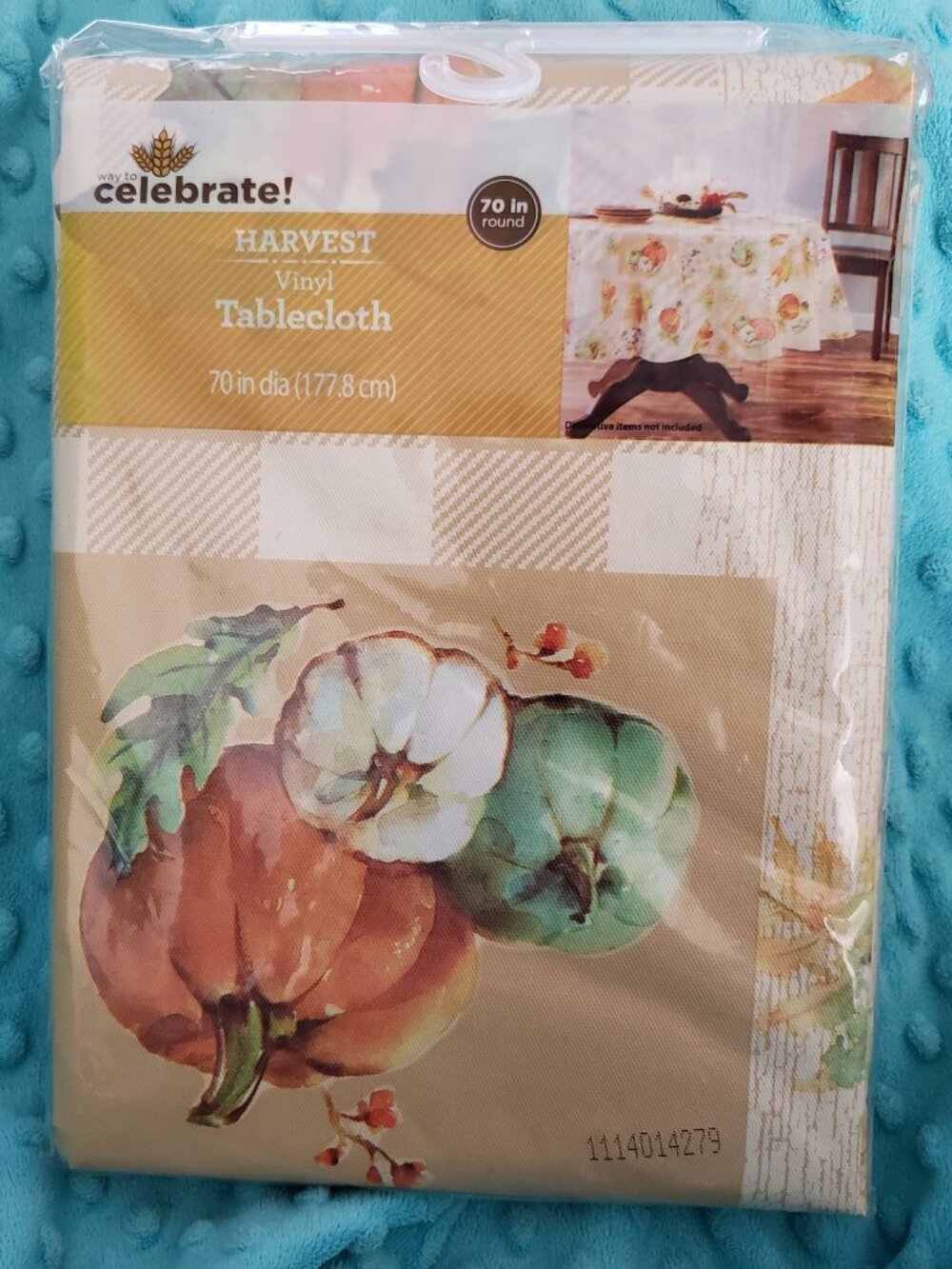 Vinyl Tablecloth Fall Leaves Pumpkins Patchwork 70 Inch Round